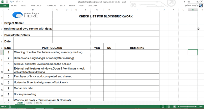 Check List for Block / Brick work