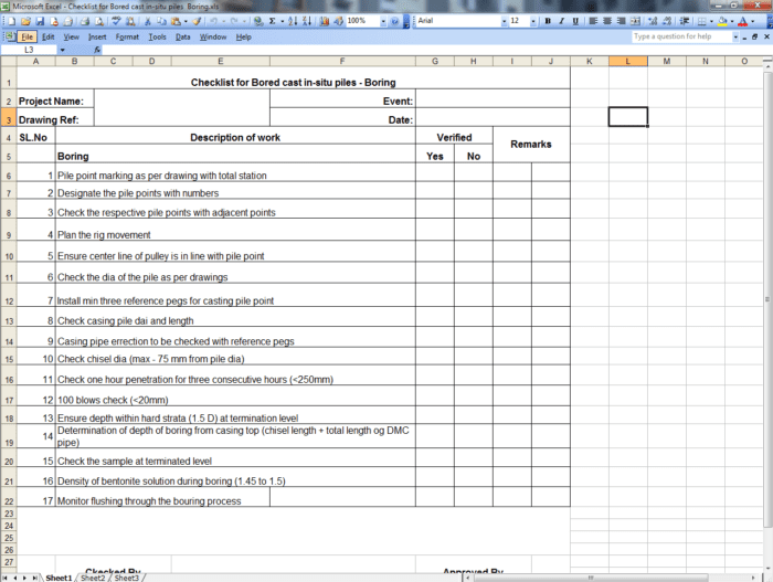 Checklist for Bored cast in-situ piles - Boring