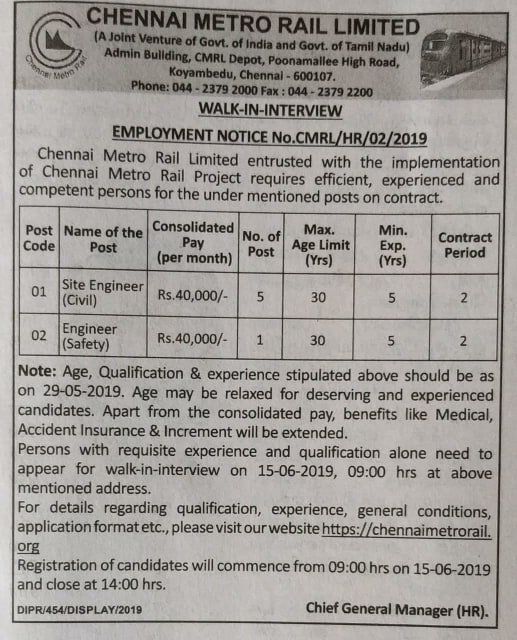 Walk in Interview for Civil Engineers in Chennai Metro Rail 2019