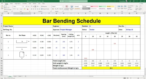 Bar Bending Schedule Sample Excel Sheet