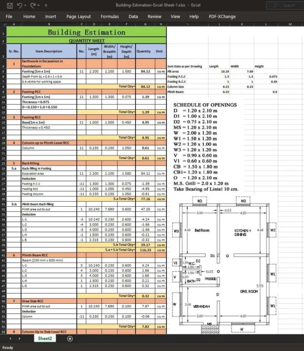 Building Estimation Quantity Excel Sheet