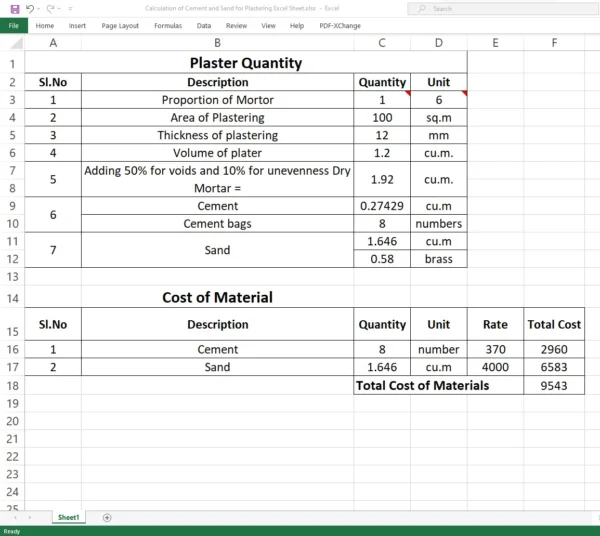 Calculation Of Cement And Sand For Plastering Excel Sheet