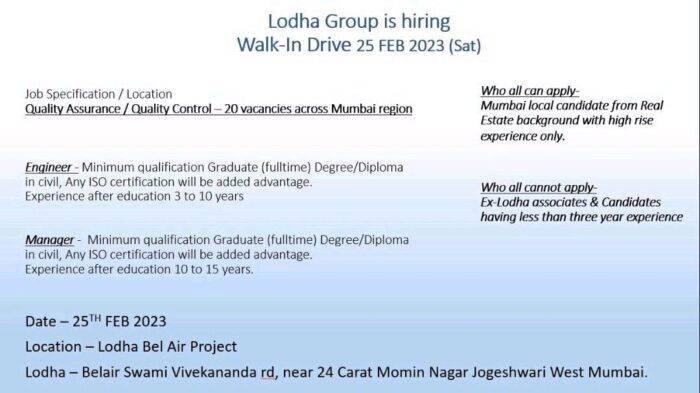 Lodha Group is hiring Walk-In Drive