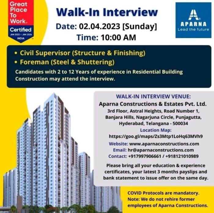  Walk-In-Interview for Civil Supervisor Aparna Constructions