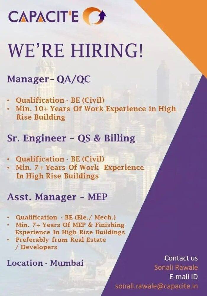 Job Opening fir Engineers and Manager in CAPACITE