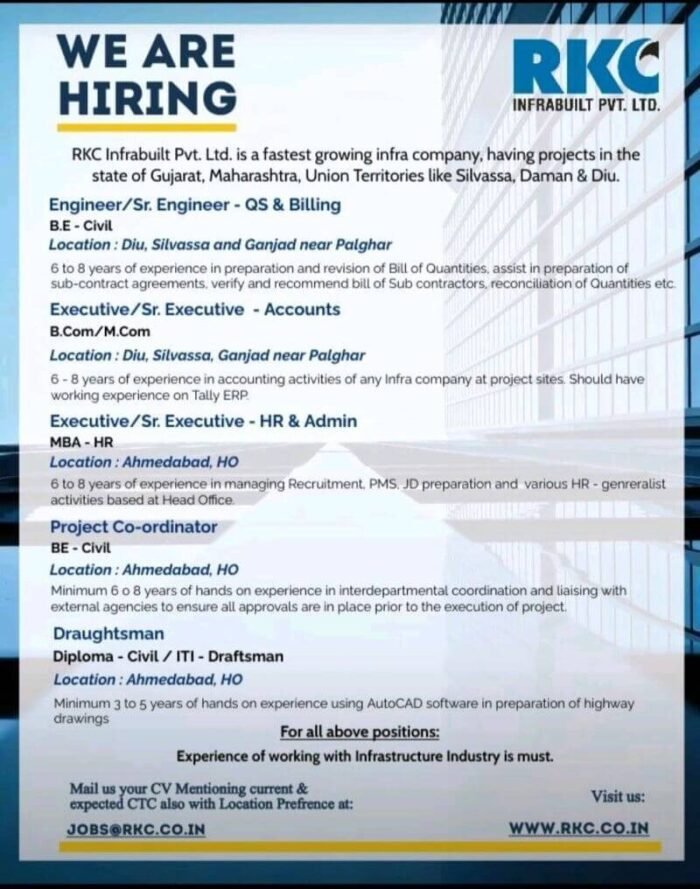 Job Vacancy for Engineers in RKC Infrabuilt Pvt. Ltd